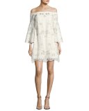 Pia Off-the-Shoulder Floral Lace Cocktail Dress, White/Silver