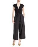 Belted Deep-V Wide-Leg Jumpsuit, Black