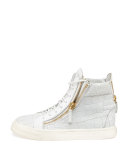 Crocodile-Print High-Top Sneaker, Bianco (White)