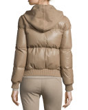 Hooded Leather Puffer Jacket, Taupe
