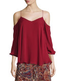 Cold-Shoulder Silk Chiffon Blouse, Ruby