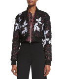 Floral-Lace Satin Cropped Bomber Jacket