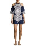 Samantha Cold-Shoulder Embroidered Shift Dress, Blue Multi