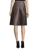 Ava Mixed-Media Pleated Skirt, Khaki Brown/Multicolor