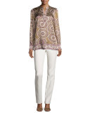 Dunham Long-Sleeve Medallion-Print Silk Blouse, Chai Multi
