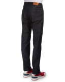 Stretch Denim Jeans with Leather Detail, Navy
