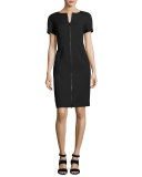 Deja Zip-Front Bi-Stretch Sheath Dress, Black