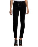 Velvet Lace-Up High-Rise Skinny Pants, Black