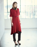 Flowing Short-Sleeve Dress W/Buckle, Red, Petite 