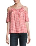 Nedra Gingham Cold-Shoulder Top, Red/White