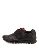Strap-Front Leather Running Sneaker, Black