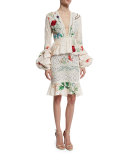 Floral Eyelet Poet-Sleeve Dress, White/Gold