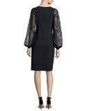 Long-Sleeve Embroidered Cocktail Dress, Black