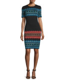 Metallic Jacquard Short-Sleeve Dress, Caviar/Multi