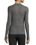 Long-Sleeve Sheer Ribbed Pullover Sweater, Charcoal