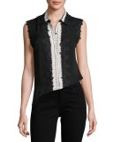 Odelia Sleeveless Lace-Trim Silk Blouse, Black