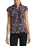 Cap-Sleeve Floral Silk Ruffle-Trim Blouse, Black/Multicolor
