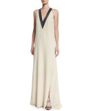 V-Neck Silk-Crepe Halter Gown, Butter