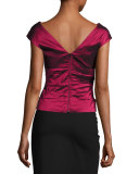 Cap-Sleeve Tiered Stretch Satin Top, Red