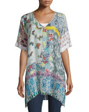 Butterfly Half-Sleeve Printed Silk Tunic, Multi Colors