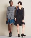 Long-Sleeve Embroidered Silk Dress, Black