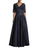Half-Sleeve Lace Combo Gown, Navy