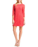 Three-Quarter-Sleeve Lace Shift Dress, Pomegranates