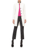 Faux-Leather Collar Long Coat, Cream/Black