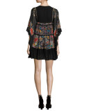 Floral Lace-Up Flounce Dress, Black/Multi