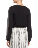 Tie-Neck Slit-Sleeve Silk Blouse, Caviar