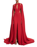 Cutout Silk Crepe Gown w/Cape, Red