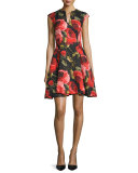 Cap-Sleeve Floral-Print Cocktail Dress, Black/Red