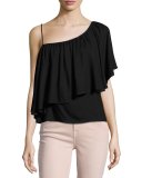 Stella One-Shoulder Ruffled Top, Black