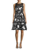 Sleeveless Tiered Metallic Floral Cocktail Dress, Black