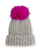 Rain Hat with Fur Pom Pom, Gray/Pink