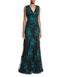 Sleeveless Embroidered Tulle Gown, Black/Jade