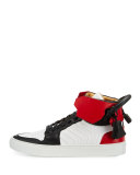 110mm Men's Leather High-Top Sneaker, Black/White/Red