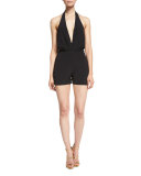 Dephine Halter V-Neck Short Jumpsuit, Black