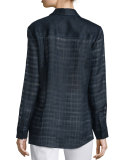 Brody Sheer-Grid Linen Long-Sleeve Blouse