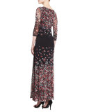 3/4-Sleeve V-Neck Floral-Print Long Dress