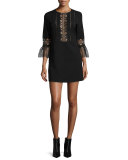 3/4-Sleeve Ponte Lace-Trim Shift Dress, Black