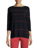 3/4-Sleeve Striped Layered-Hem Sweater, Ink/Red Rock
