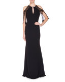 Lace-Sleeve Keyhole Mermaid Gown, Black