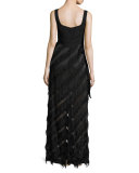 Sleeveless Jersey & Fringe Combo Gown, Black
