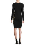 Embellished Long-Sleeve Sheath Dress, Black/Gold