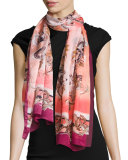 Scroll-Print Border Silk Scarf, Apricot