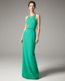 Sleeveless Embellished Halter Column Gown, Emerald