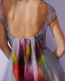 Watercolor Short-Sleeve Backless Dress, Multi Colors