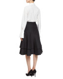 Plisse-Cuff Button-Front Blouse, White
