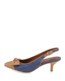 Gaga Cap-Toe Bow Slingback Pump, Camel/Denim